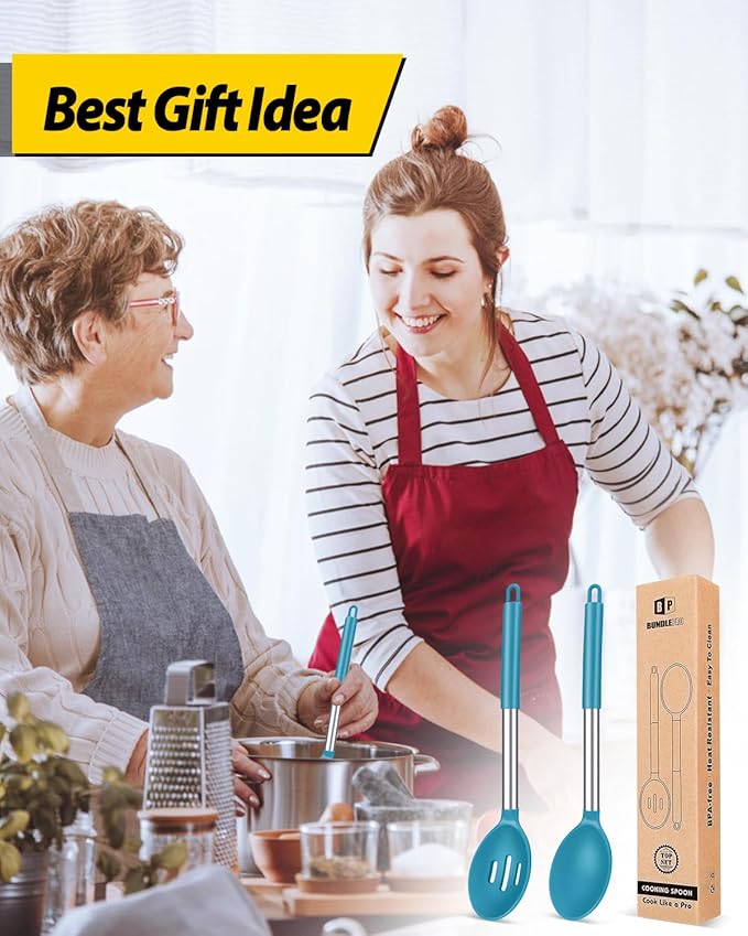 Pack of 2 Large Silicone Cooking Spoons,Non Stick Solid Basting Spoon,Heat-Resistant Kitchen Utensils for Mixing,Serving,Draining,Stirring (BLUE)