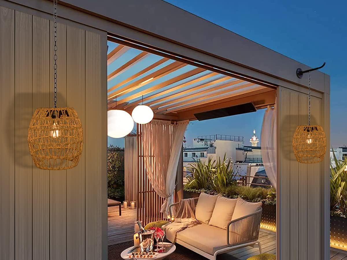 Livinlarge Boho Pendant Solar Light Rustic Hand-Woven Rattan Chandelier Coastal Retro Lamp Wedding Garden Courtyard Hallway Entryway Decoration.