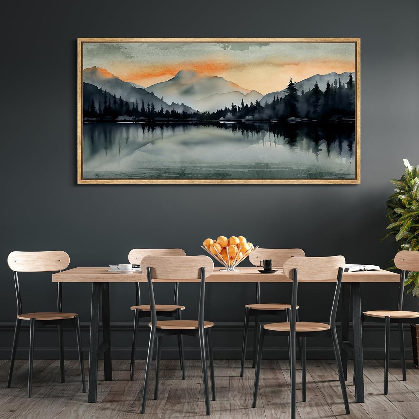 MUDECOR Extra Large Framed Canvas Print Wall Art Sunset Mountain Range and Lake Panoramic Antique Retro Fine Art Illustrations Decorative Colorful for Bedroom - 60"x30"