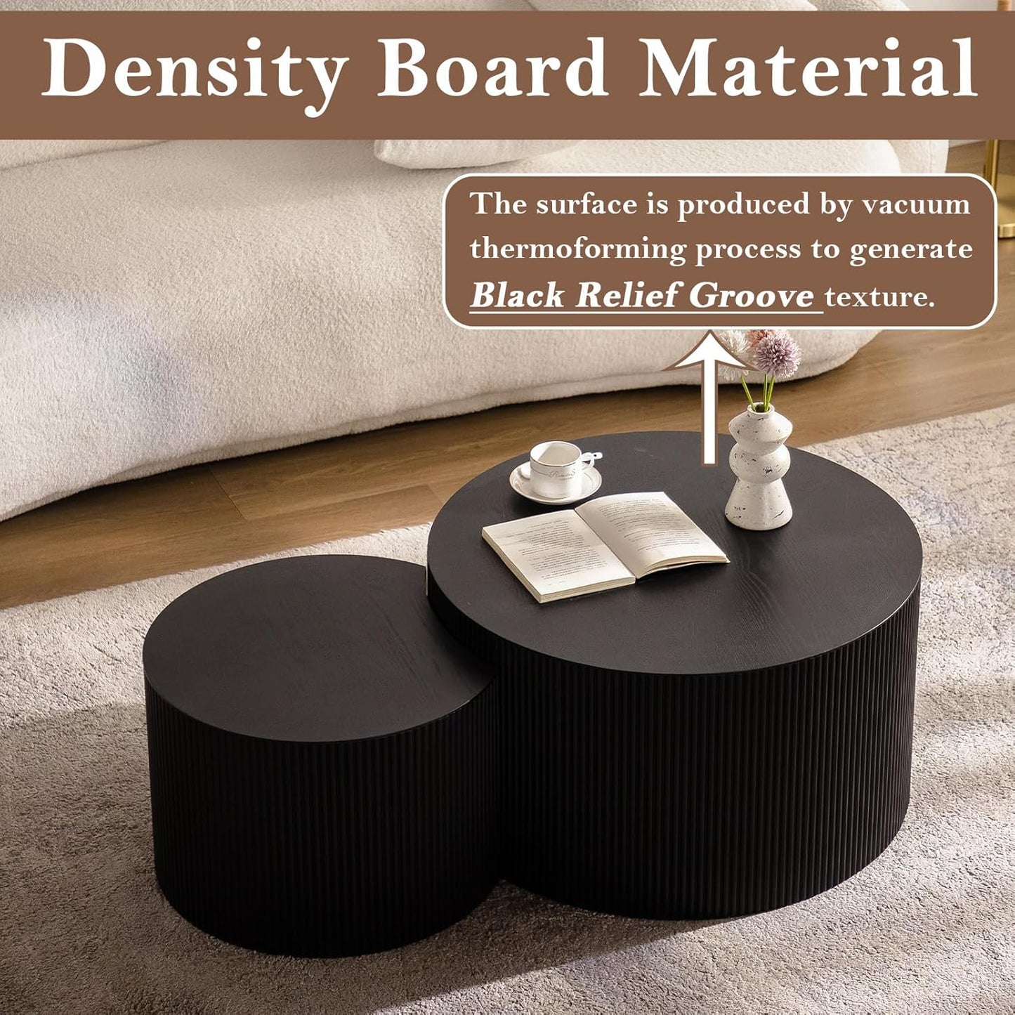 Round Nesting Coffee Table Black Round Fluted Coffee Table Set of 2 for Living Room Small Circle Drum Coffee Tables Crescent End Table (Black B 27in)