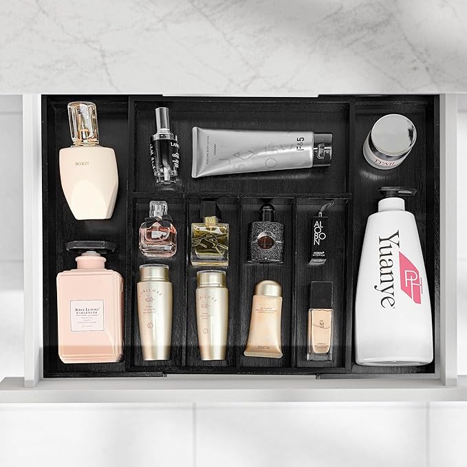 VaeFae Premium Bamboo Drawer Organizer, Expandable Silverware Drawer Organizer, Cutlery Tray with Dividers for Kitchen Utensils (Black, Large)