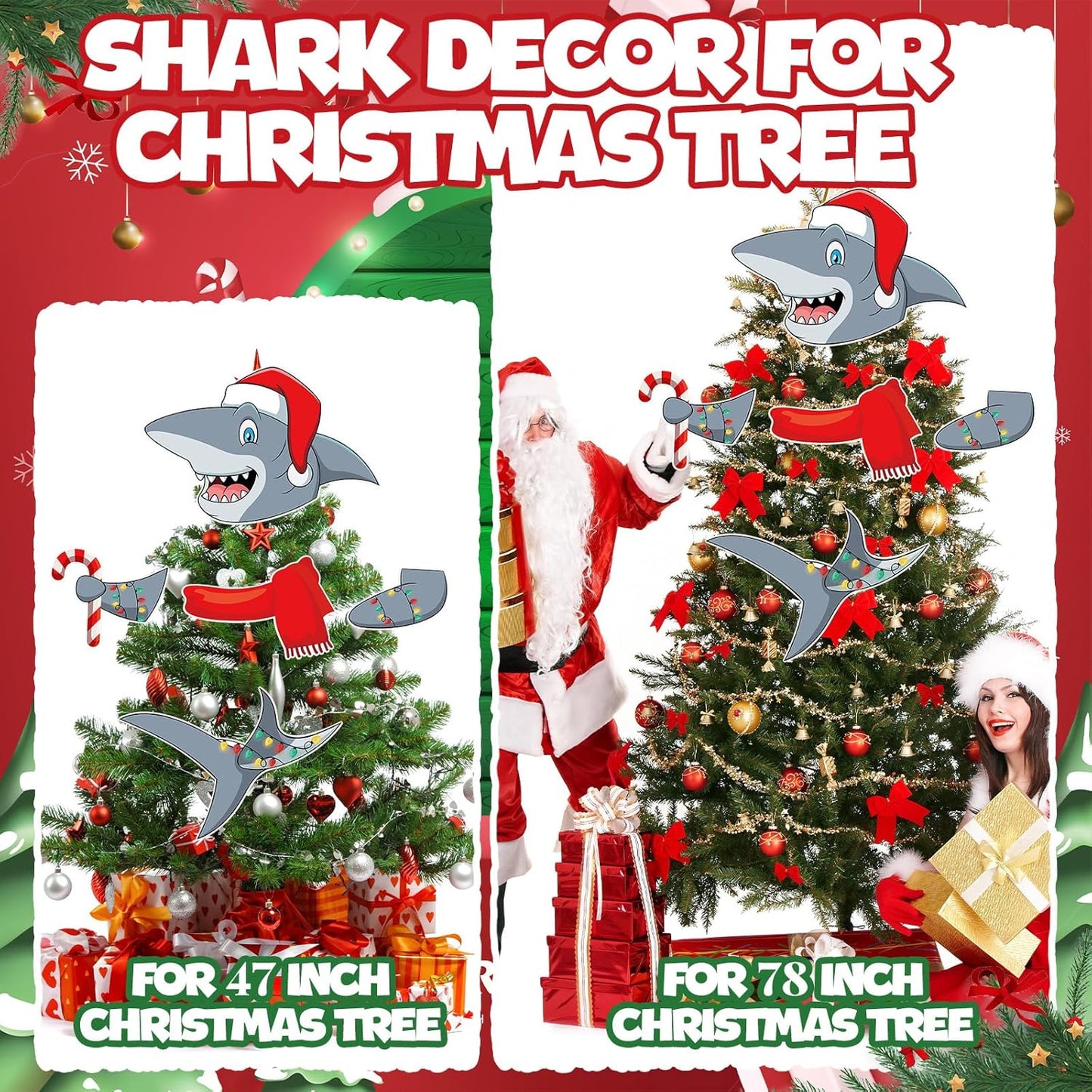 Shark Christmas Tree Topper Xmas Shark Party Decorative Tree Ornaments Head Hands and Tail Decor for Holiday Christmas Indoor Home Decorations Party Supplies