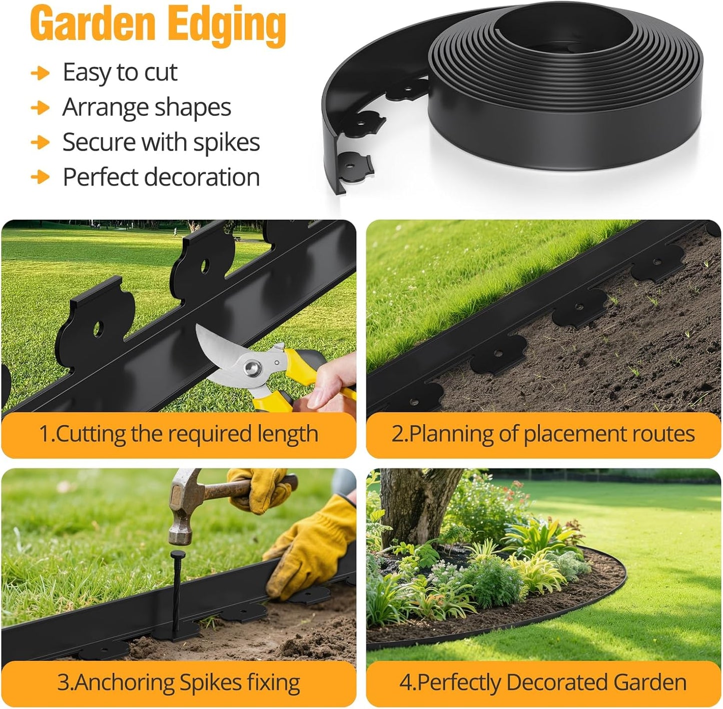 40FT No-Dig Landscape Edging, 2 Inch Tall Heavy Duty Plastic Garden Edging Border with 40 Anchoring Spikes for Lawn, Flower Bed & Decorative Yard (Black)