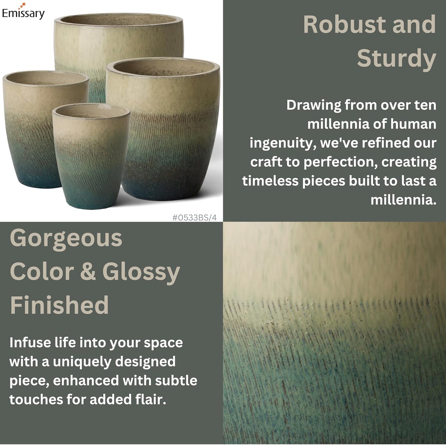 Emissary Bullet 14 in. Bayside Green Ceramic Round Planter (14 in. L x 14 in. W x 15.5 in. H) with Drainage Hole