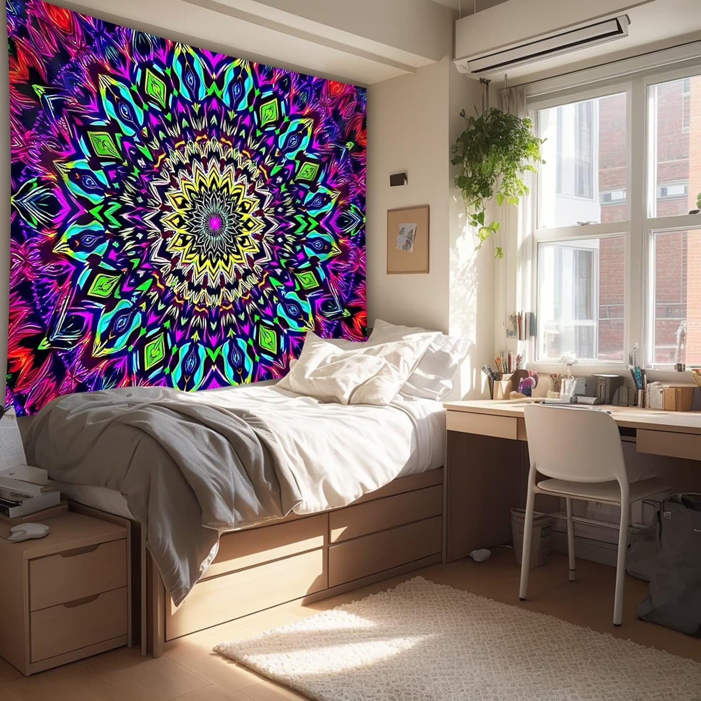 PSYHILAR Blacklight Mandala Tapestry for Bedroom, Medium Black Light Posters for Adults and Teens, Colorful UV Reactive Aesthetic Bohemian Wall Art Decor (60 x 50 Inches)