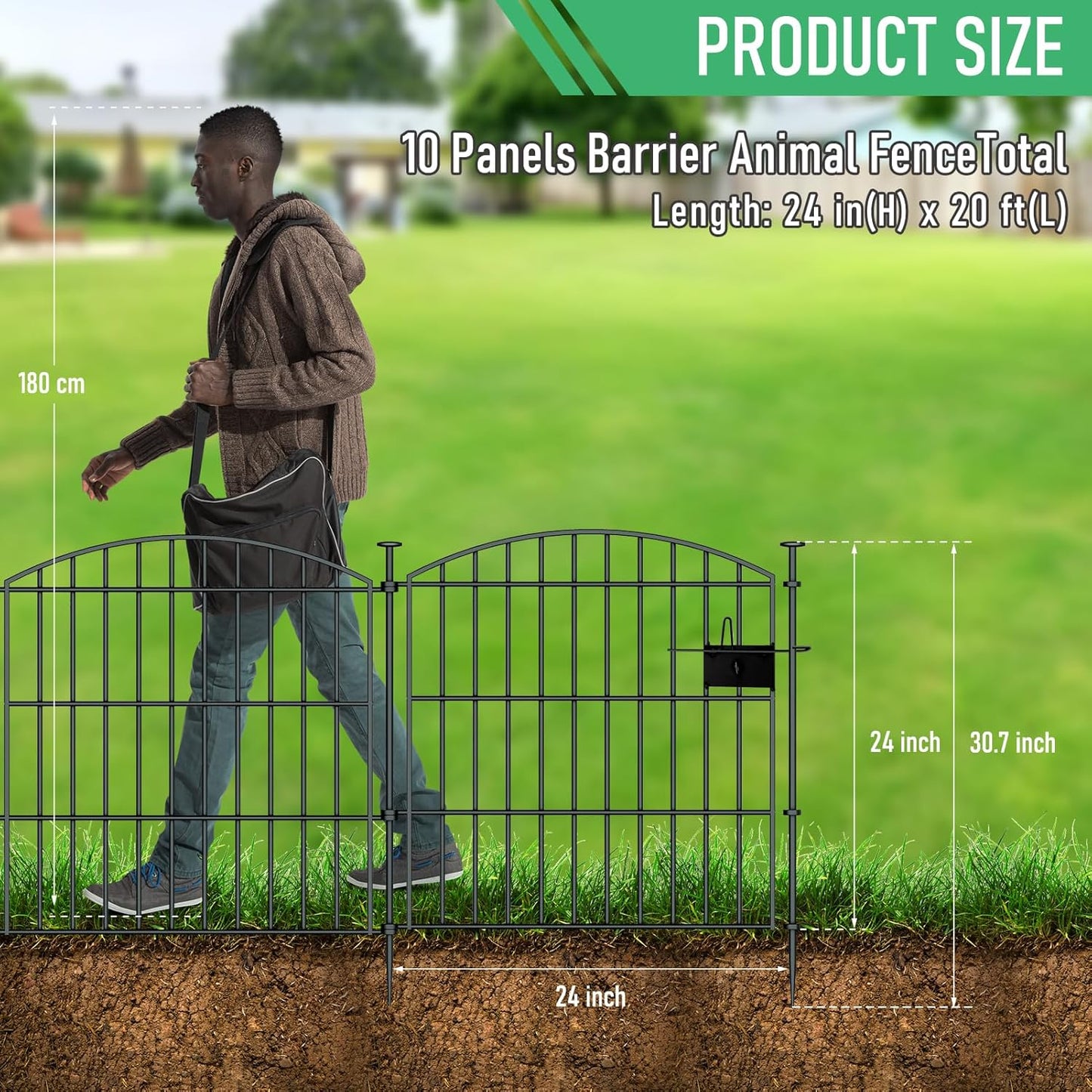 10 Panels Garden Fence Dog Fence Outdoor for Yard, 24in H x 20ft L Rustproof Metal Fencing with Ground Stakes | No Dig Animal Proof Containment for Pets/Rabbits | Durable Patio Security Panels