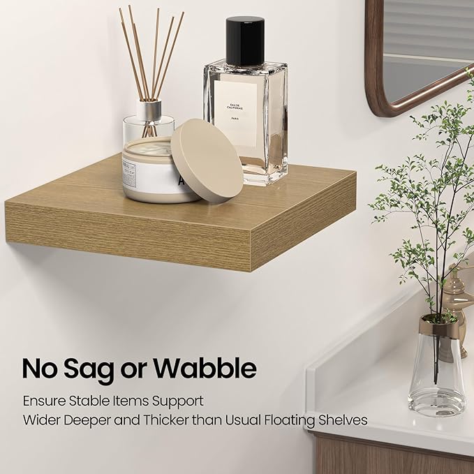 Square Floating Shelves for Wall, 12" W x 12" D x 1.2" H, Small Wooden Wall Mounted Display Shelves with Invisible Brackets for Living Room, Bedroom, Bathroom, Kitchen Decor, Set of 3, Oak