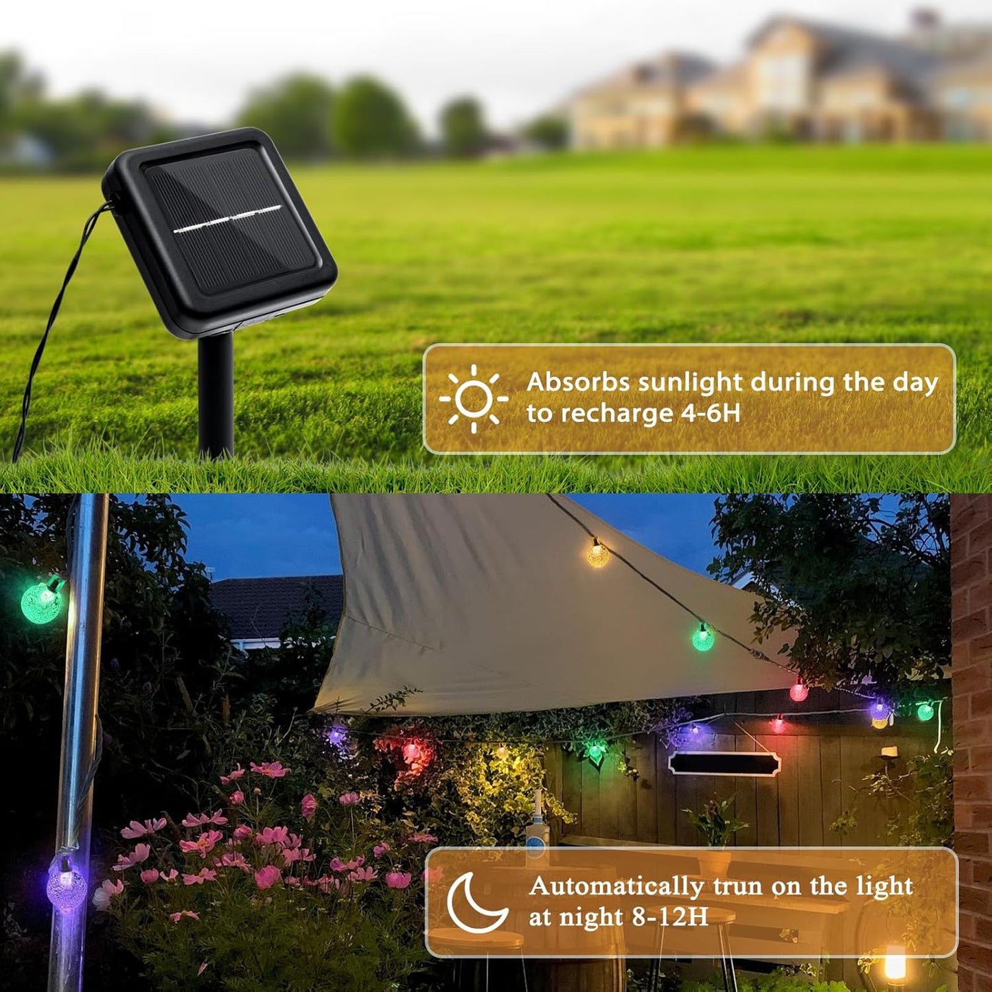 Outdoor Solar String Lights, 2x46FT 66LED 8Modes Crystal Color Solar Powered Christmas Fairy String Lights for Outside Yard Fence Easter Holiday Party Camping Porch Decor 2Pack(Multicolor)