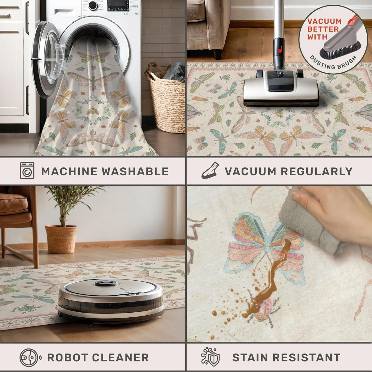 Light Pink Nursery Rug for Baby, Cute 5x7 Area Rugs for Girls Bedroom, Kids Room, Playroom, Whimsical Insect Butterfly Animal Print Decor, Washable & Ultra Soft & Stain Resistant