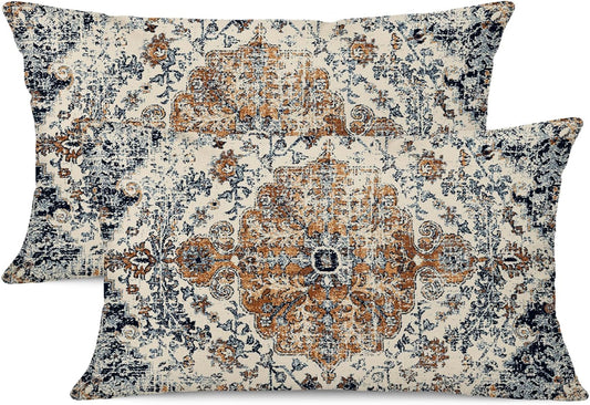 Outdoor Waterproof Pillow Set of 2, 12X20 Inch, Bohemian Vintage Carpet Pattern, Gold Blue Ethnic Design, Decorative Farmhouse Pillow Covers for Couch, Garden, Balcony