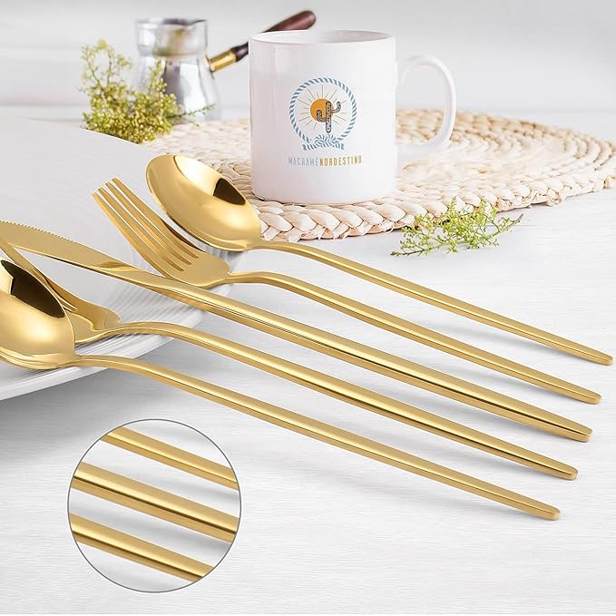 KassKa Gold Silverware Set, 20 Pieces Flatware Cutlery, Stainless Steel Utensils Spoon Fork Knives for Home Restaurant and Kitchen, Mirror Polished Finished, Service for 4