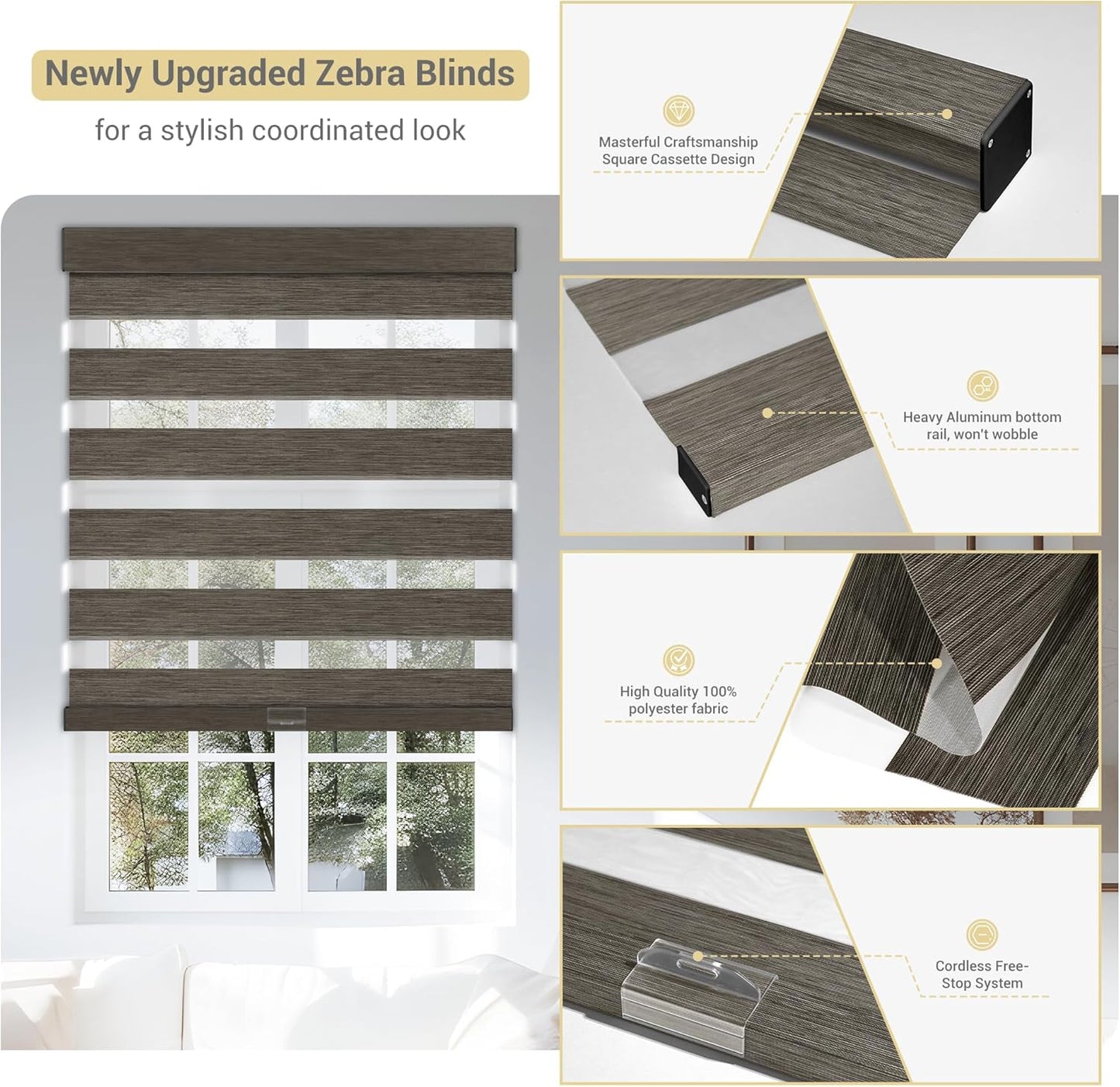 Cordless Zebra Blinds for Windows, Blackout Interior Blinds,Easy to Install,UV Protection,for Offices and Home,Custom Roller Shades, Mousse Dark Bown,56" W x 36" H