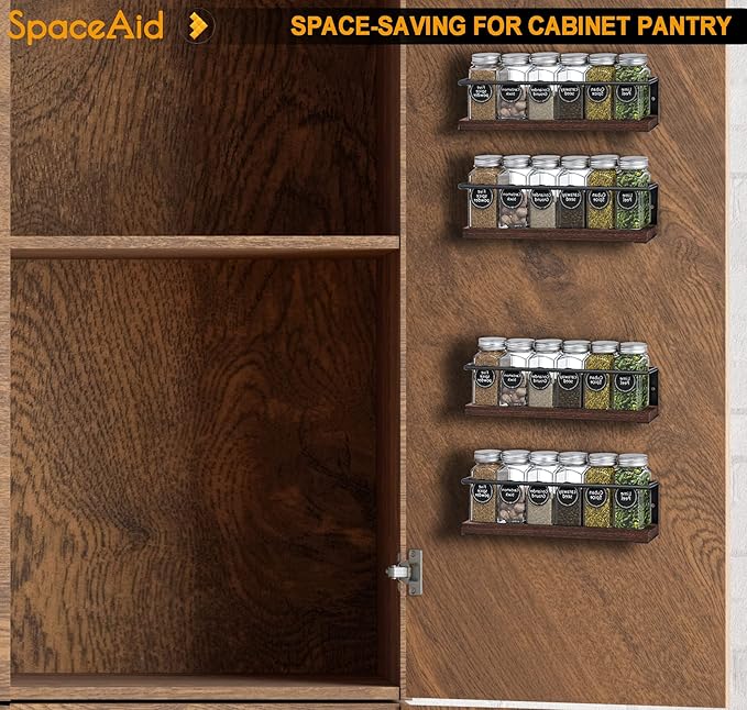 SpaceAid Spice Rack with 24 Spice Jars, 386 Spice Labels, Chalk Marker and Funnel, Wood Hanging Seasoning Shelf for Cabinet Door or Wall Mount (4 Pack)