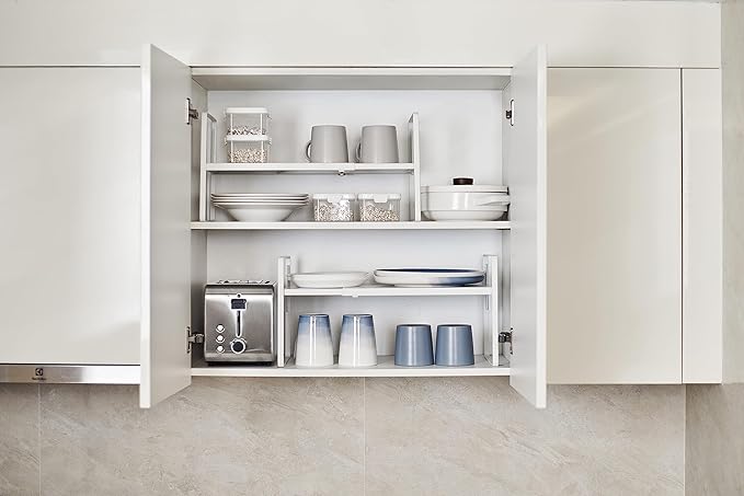 Nxconsu Cabinet Shelf Expandable Height Adjustable Shelf Organizer Riser for Kitchen Cabinet Pantry Cupboard Under Sink Countertop Organization Storage Space Saver Stackable Heavy Duty Metal White XXL