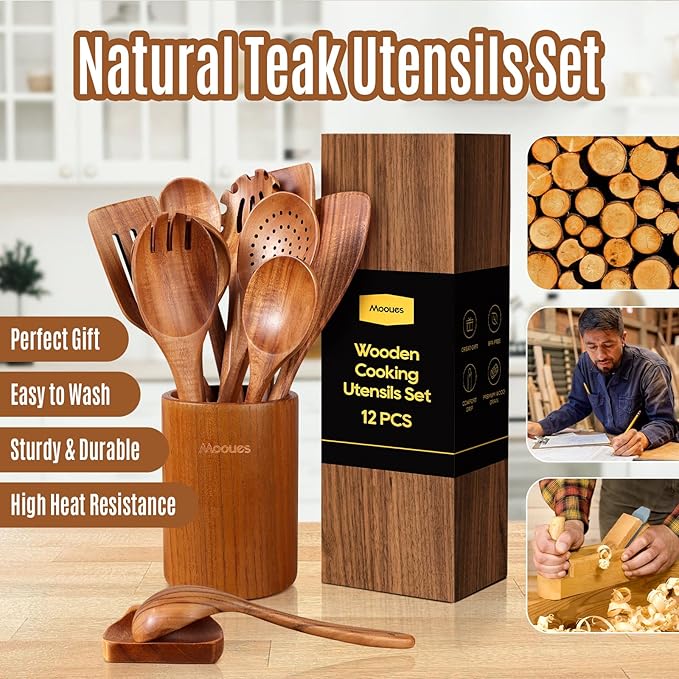 Wooden Spoons for Cooking, 12PCS Teak Wooden Kitchen Utensil Set with Spoon Rest - Smooth Finish, Non-Stick, Comfortable Grip, Heat Resistant Cooking Utensils Set
