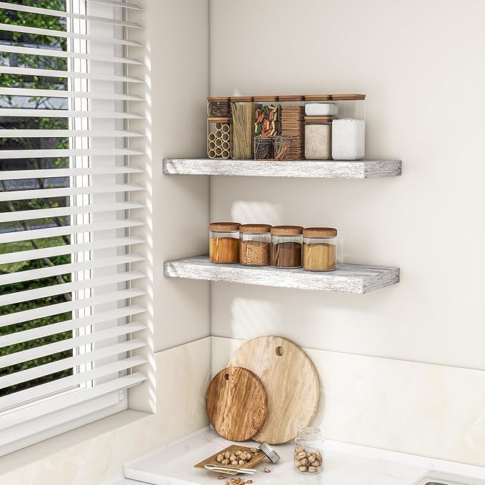 RICHFOCUS 24Inch Floating Shelves for Wall 2 Pack Shelves for Bedroom|Kitchen|Bathroom Wall Mounted Rustic Distressed Wood Floating Shelf with Invisible Brackets for Books|Storage|Decor, Rustic