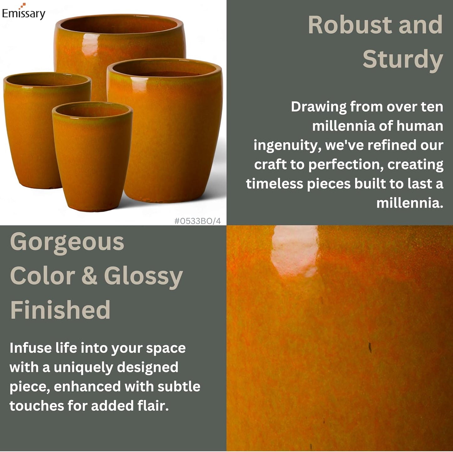 Emissary Bullet 14 in. Bright Orange Ceramic Round Planter (14 in. L x 14 in. W x 15.5 in. H) with Drainage Hole