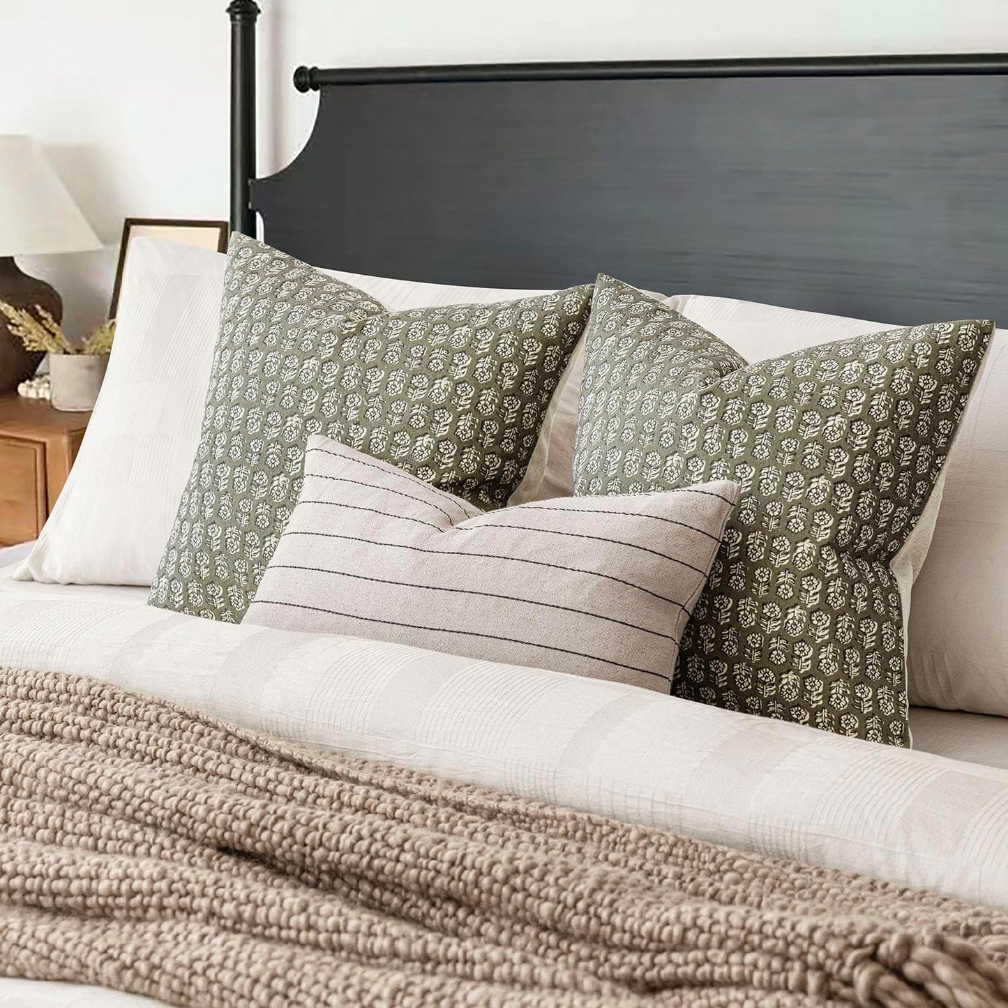 Foindtower Set of 2 Decorative Vintage Floral Print Throw Pillow Covers Neutral Modern Farmhouse Cushion Covers Boho Home Decor for Sofa Couch Chair Bedroom Living Room Outdoor,24×24 Inch,Sage Green