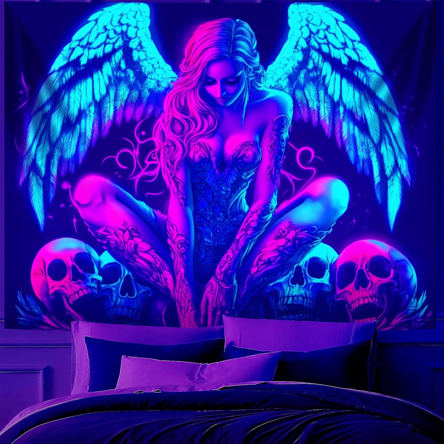 Blacklight Tapestry,WingTapestry Glow In The Dark,UV Reactive Black Light Upright Posters Wall Hanging for Bedroom Dorm Living Room Backdrop Decor (wing15, 59L" x 51W")