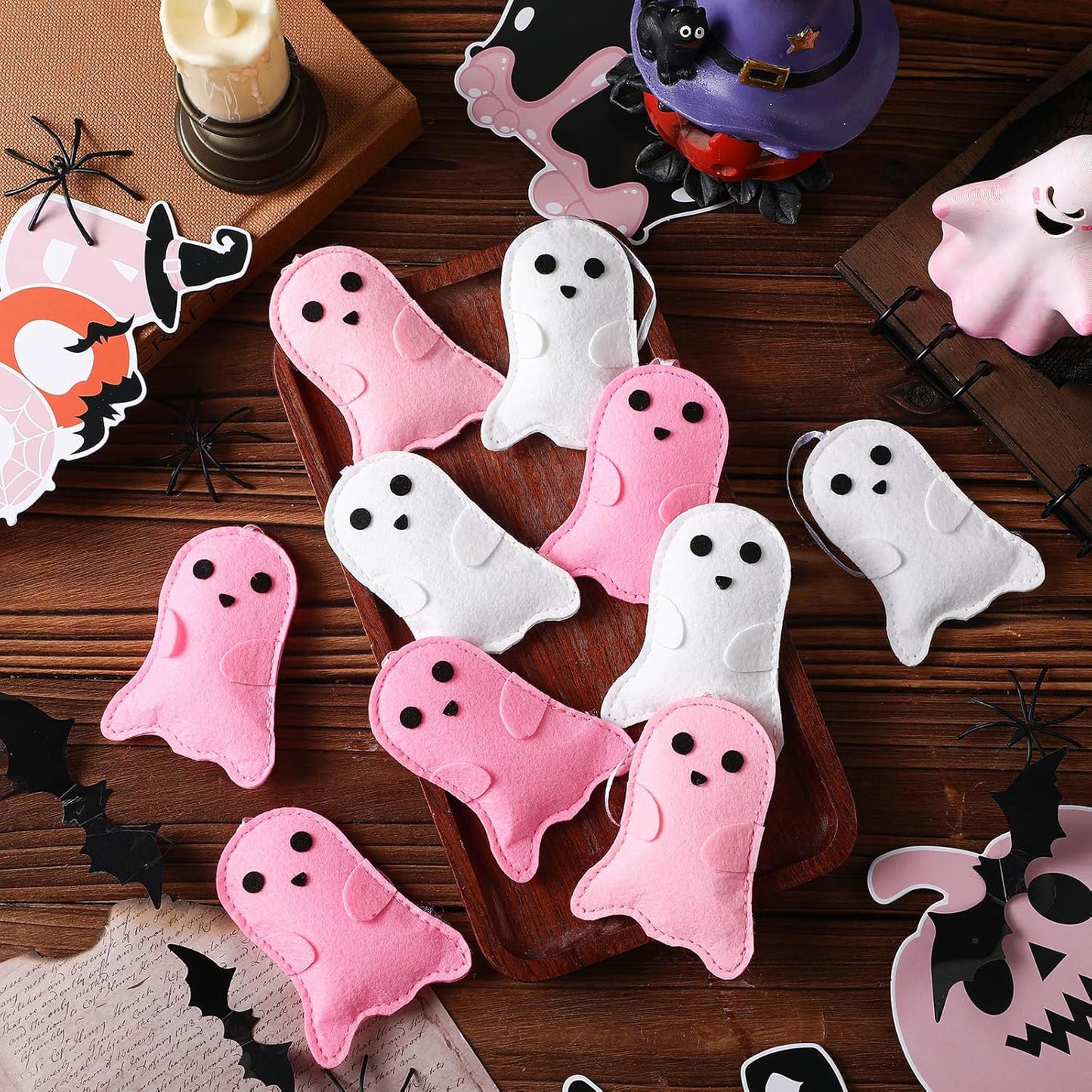 12 Pcs Pink Halloween Felt Ornaments Cute Ghost 3D Hanging Ornaments 3.15 Inch Pink White Halloween Tree Decorations for Small Tree Party Decor