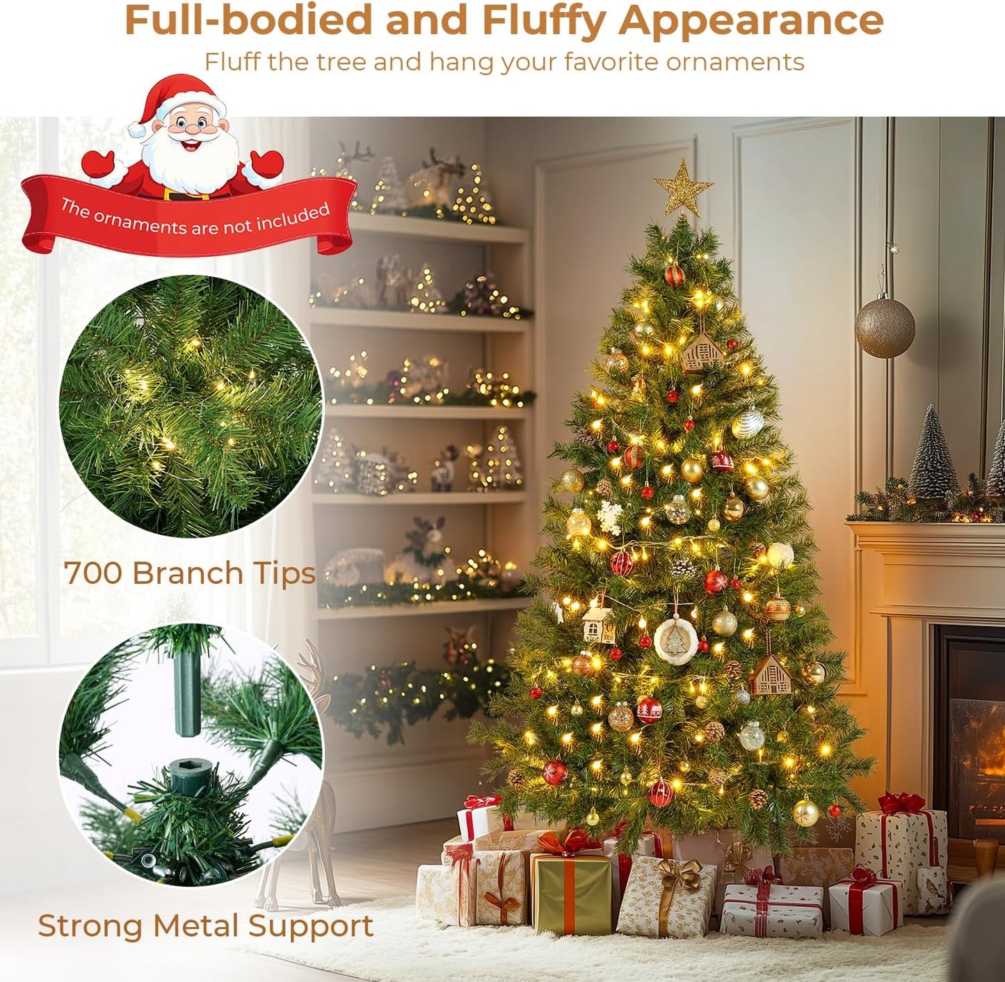 6 ft Artificial Christmas Tree with 700 PVC Branch Tips, Holiday Xmas Tree with Foldable Metal Base and Easy Assembly, Christmas Trees for Yard Porch Home Office Party Decoration, Green