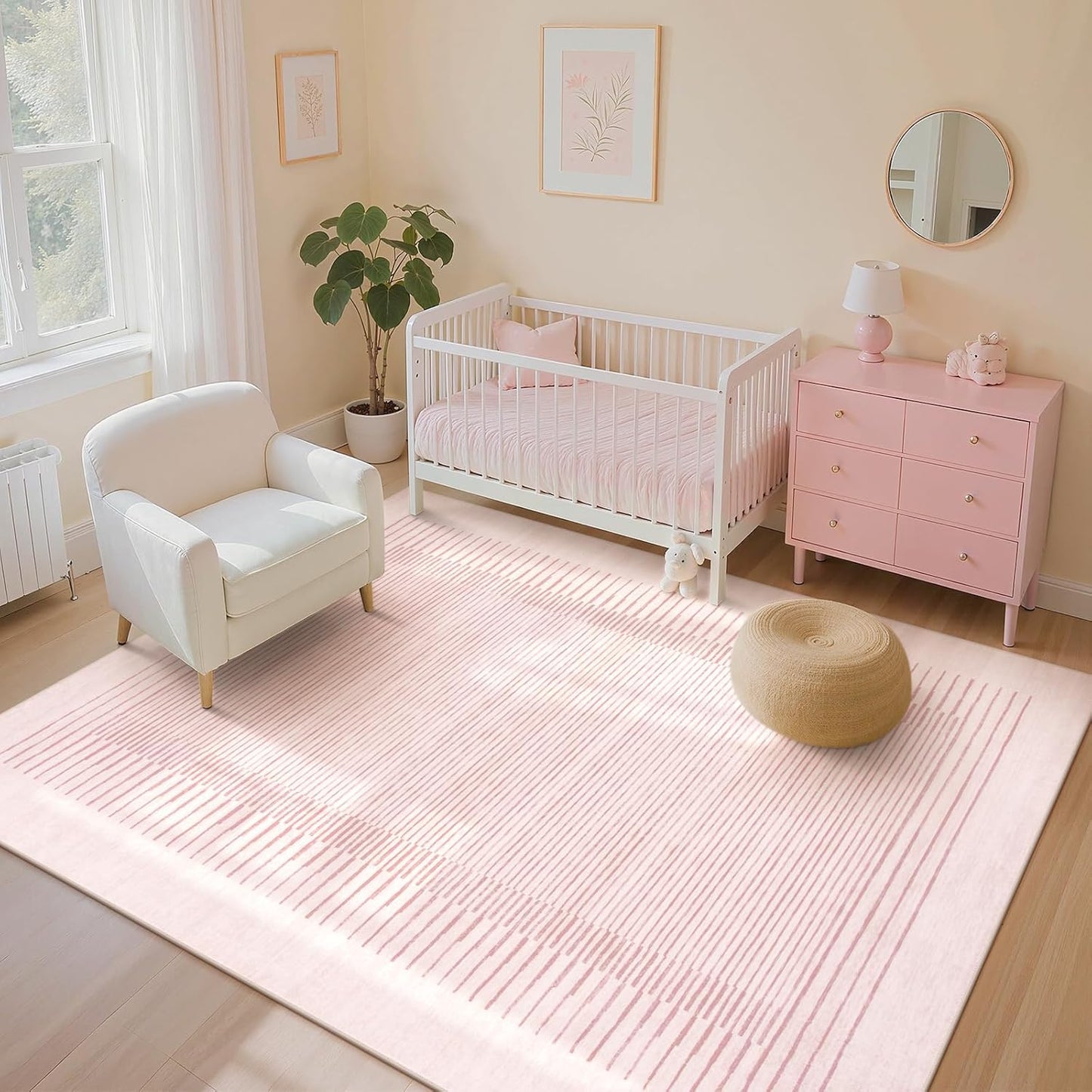 Wonnitar Washable Pink Striped Rug for Bedroom 8x10, Non-Slip Living Room Area Rug, Minimalist Berber Stripe Area Rug, Soft Floor Carpet for Nursery Playroom Closet (Pink, 8' x 10')