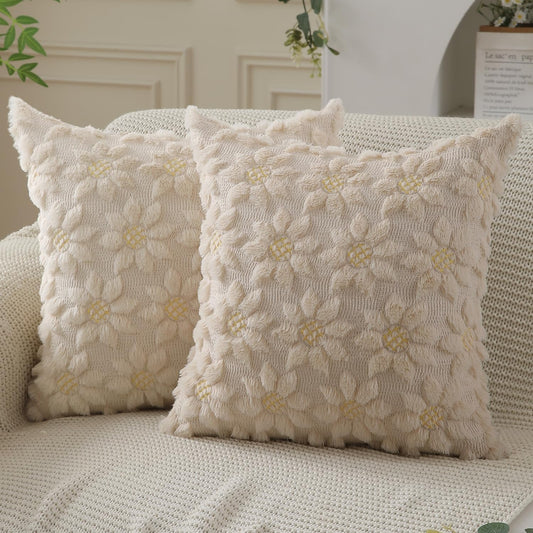 DFXSZ Spring Summer Pillow Covers 16x16 inch Set of 2 Farmhouse Decor Yellow Flower Heart Sunflower Beige Soft Plush Faux Fur Jacquard Throw Pillows for Sofa Holiday Spring Home Decor PTK024E16