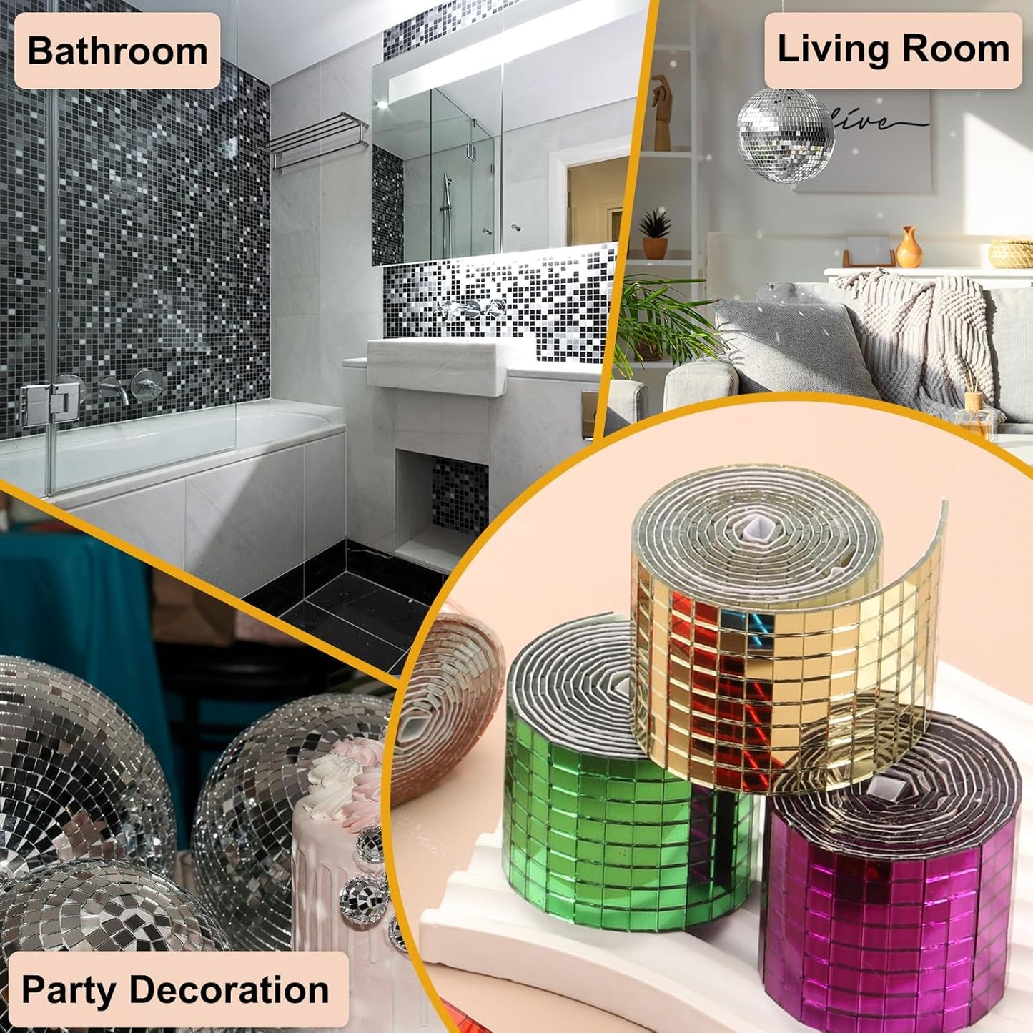 PATIKIL 5x5mm Self Adhesive Mirrors Mosaic Tiles, 3600 Pcs Square Mini Glass Mosaic Disco Tile Sticker for DIY Craft Disco Ball Party Decoration, Gold Tone