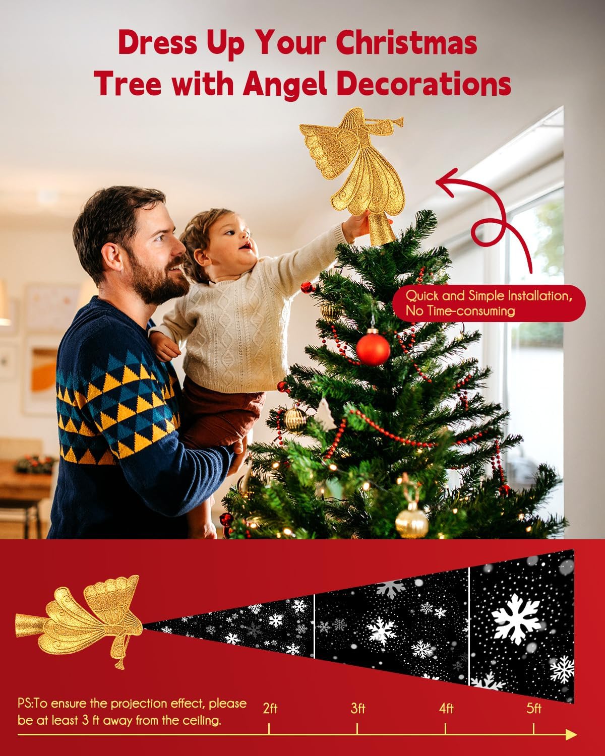 Christmas Angel Tree Topper with Built-in LED Snowflake Projector Lights Hollowed Pentagram Tree Top with Gold Spangles Plated Plug in for Indoor Outdoor Christmas Decorations, Gold