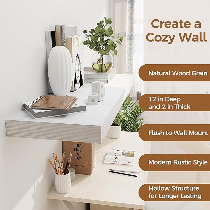 White Floating Shelves 36 Inch Long, 12 Inch Deep Floating Shelves for Wall, 36 x 12 Shelves for Wall Storage & Display, 2" Thick Floating Shelf for Bathroom, Living Room, Bedroom, Set of 1