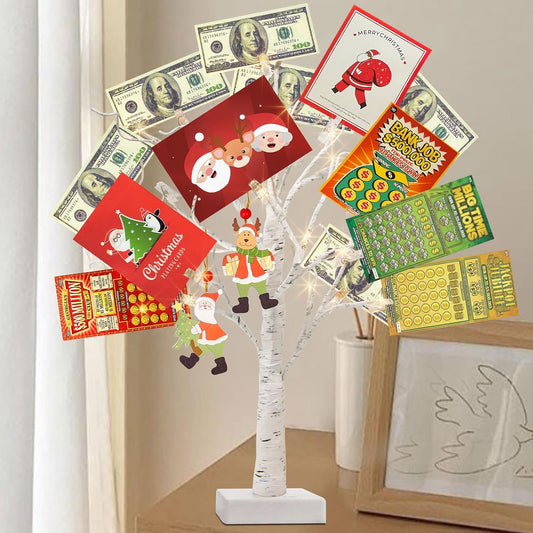 PEIDUO Money Tree, 22 Inch Gift Card Tree Holder with 6 Clips and 6 Greeting Cards, 24 Warm White Birch Tree with Lights, Christmas Tree Card Holder for Birthday Wedding Indoor Xmas Decorations