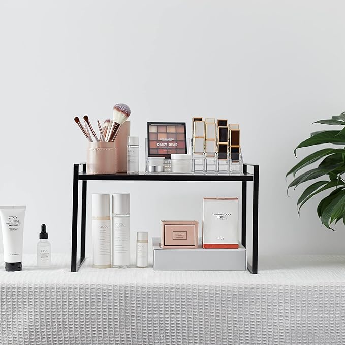 Nxconsu 2Pack Cabinet Shelves Stackable Shelf Organizer Rack Riser for Kitchen Cabinet Pantry Cupboard Counter Countertop Home Organization Storage Space Saver Heavy Duty Metal Nonslip Black Wide Tall