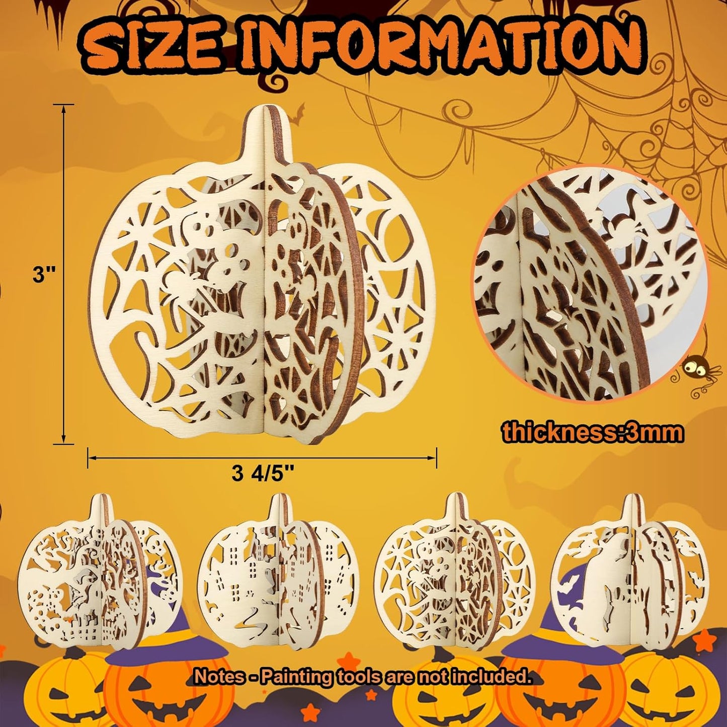 COCHIE DIY 3D Halloween Pumpkin Wood Crafts to Paint for Kids Adults, Paintable Unfinished Wooden Slices for Craft, Cutouts Ornaments for Painting Decorations (24 PCS)