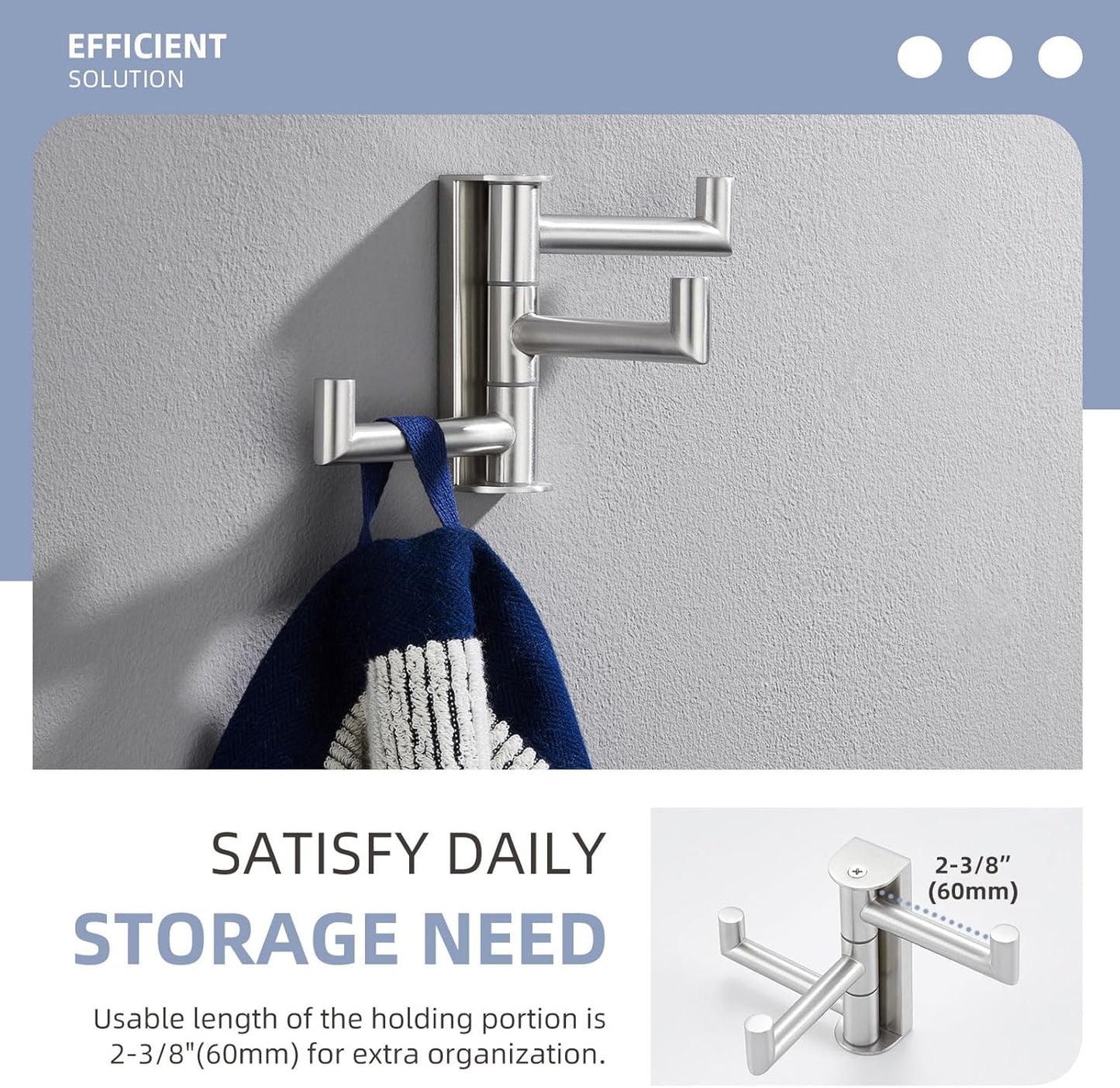 Angle Simple Swivel Towel Hook 3 Arms, SUS 304 Stainless Steel Foldable Robe Towel Hook for Bathroom, Wall Coat Holder, Brushed Nickel