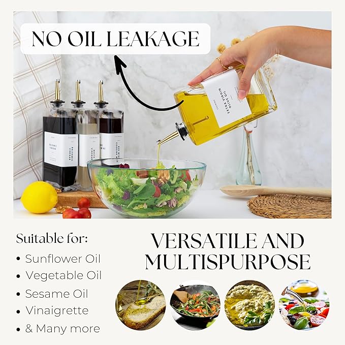 Premium Glass Olive Oil Dispenser Bottle 350ml | Cooking Oil and Vinegar Dispenser Set of 2 | Oil Dispenser for Kitchen with 2 Gold Pourers, Funnel, Brush & 36 Labels