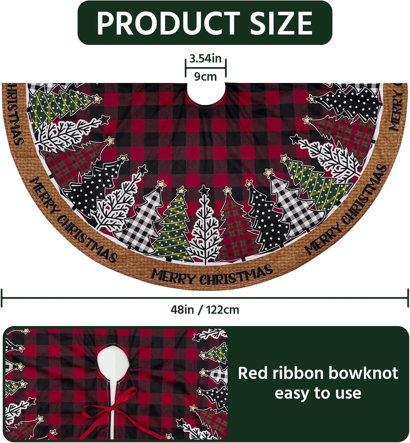 Christmas Tree Skirt 48 Inch, Red and Black Buffalo Plaid Xmas Tree Skirts, Winter Christmas Trees Mat for Home Party Holiday Indoor Outdoor Decorations