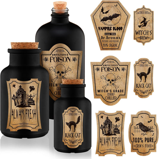 Umigy 3 Pcs Vintage Glass Potion Bottles with Cork Lid Black Halloween Tiered Tray Decoration 12 Apothecary Bottles Jars Stickers Labels Halloween Table Home Bathroom Decorations Indoor
