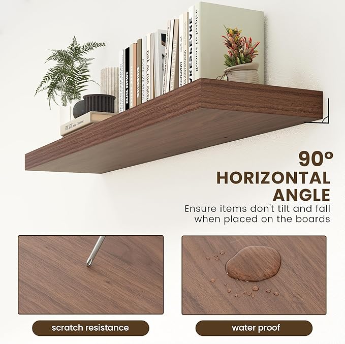 Deep Floating Shelves for Wall - 55 Inch Wide x 12 Inch Deep Wall Shelves Set of 1 - Rustic Walnut Color Wood Shelves for Living Room, Bathroom, Laundry Room, Bedroom, Kitchen, Home Office