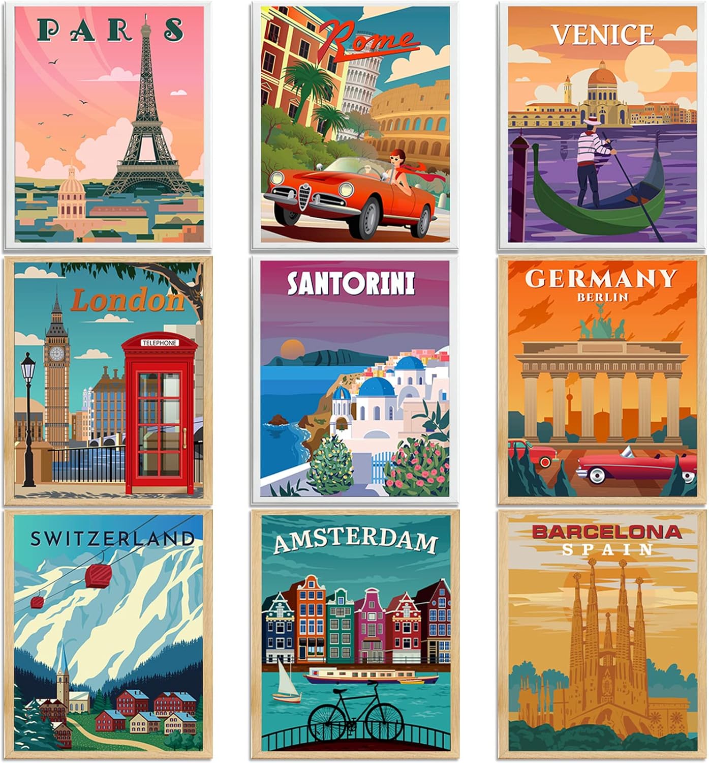 Outus 9 Pieces Vintage National Park Posters, National Park Art Prints Nature Wall Art and Mountain Print Set Abstract Travel Unframed for Hikers Campers Living Room Decor, 8 x 10 Inch (Travel City)