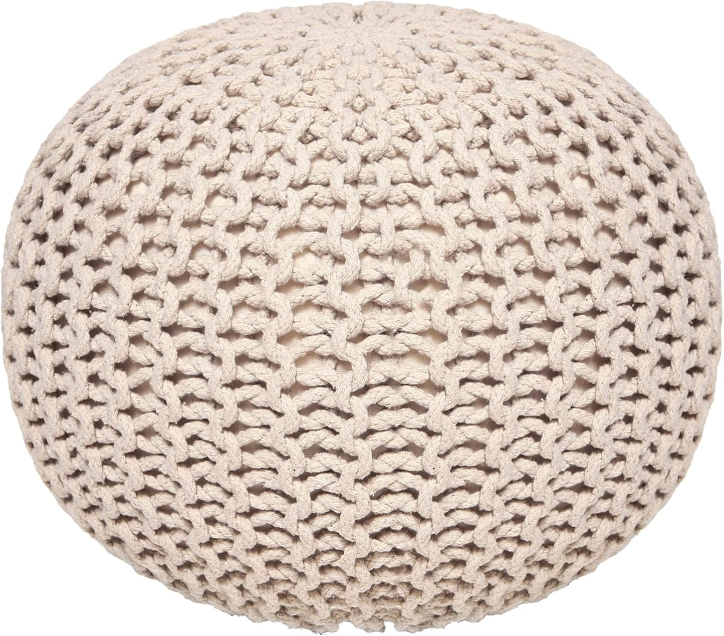 REDEARTH Round Pouf Ottoman - Cable Knitted Boho Poof - Home Décor Cord Pouffe Handmade Circular Footrest for Living Room - Bedroom - Kids Bedroom - 100% Cotton Pouf (19.5"x19.5"x14") - Ivory