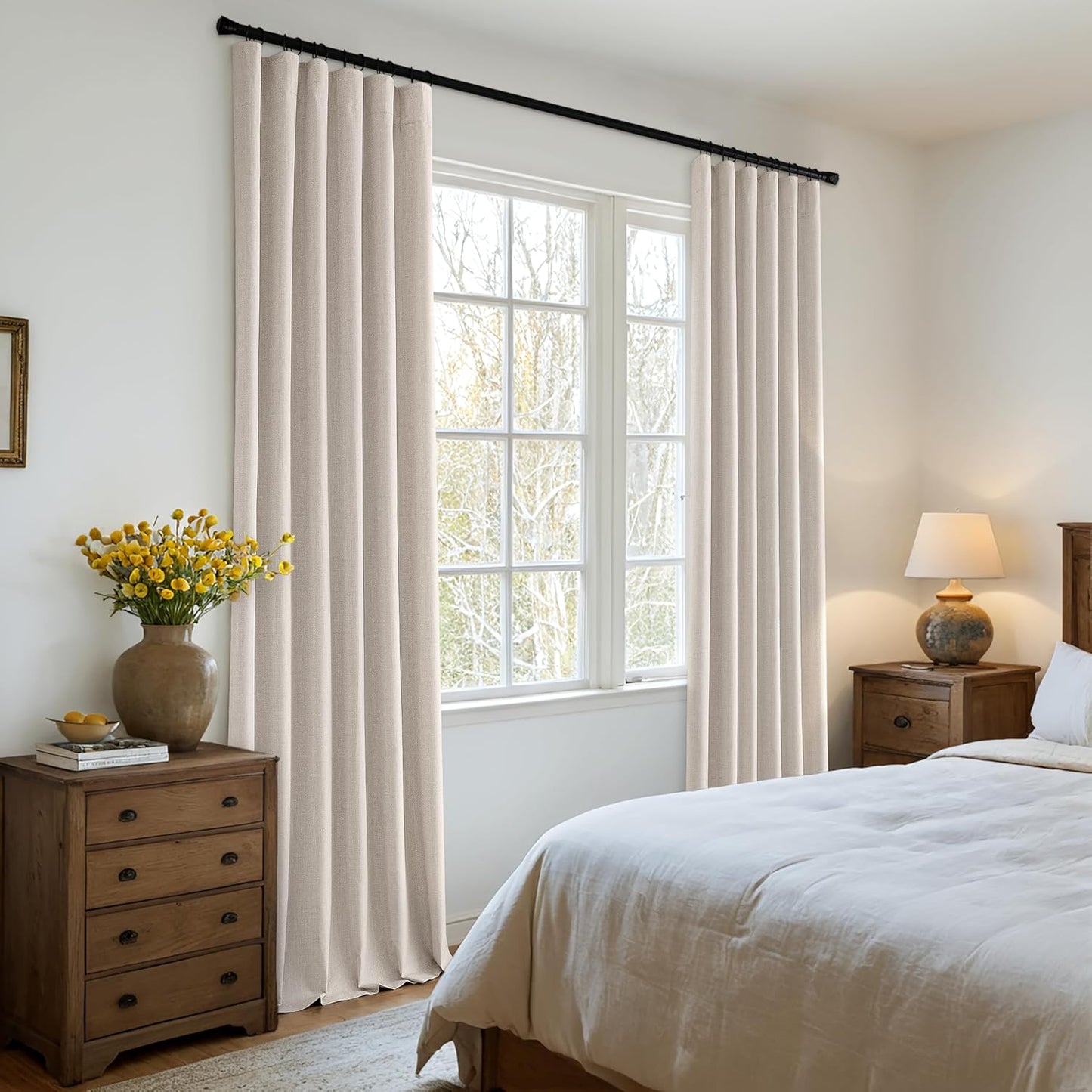 MIULEE 100% Blackout Curtains 120 Inch Long 2 Panels Set for Bedroom, Thick Luxury Faux Linen Black Out Curtain Room Darkening Back Tab Pleat Window Textured Drapes with Hooks for Living Room, Beige