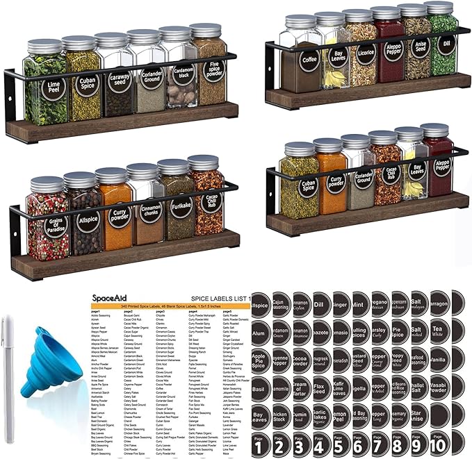 SpaceAid Spice Rack with 24 Spice Jars, 386 Spice Labels, Chalk Marker and Funnel, Wood Hanging Seasoning Shelf for Cabinet Door or Wall Mount (4 Pack)