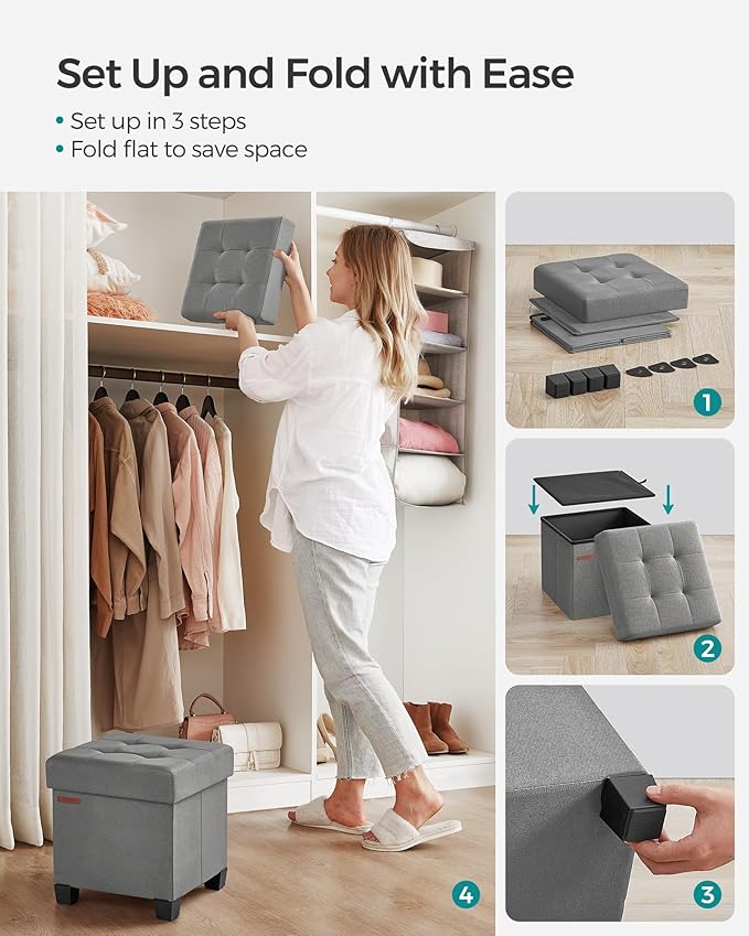 SONGMICS Storage Ottoman, Small Ottoman Foot Rest with Legs, 15 x 15 x 15.7 Inches Foot Stool, Load up to 660 lb, for Living Room, Bedroom, Dorm, Dove Gray ULSF014G02