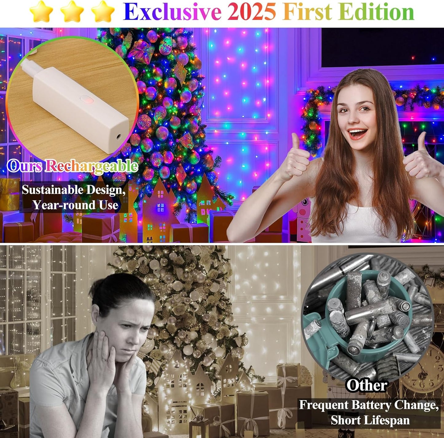 Lakumu 66FT(33 * 2) String Lights Battery Operated, LED Fairy Lights with Timer, Rechargeable Twinkle Lights for Bedroom, Christmas Decorations, Wedding, Vine, Centerpiece Table Decor Multicolor