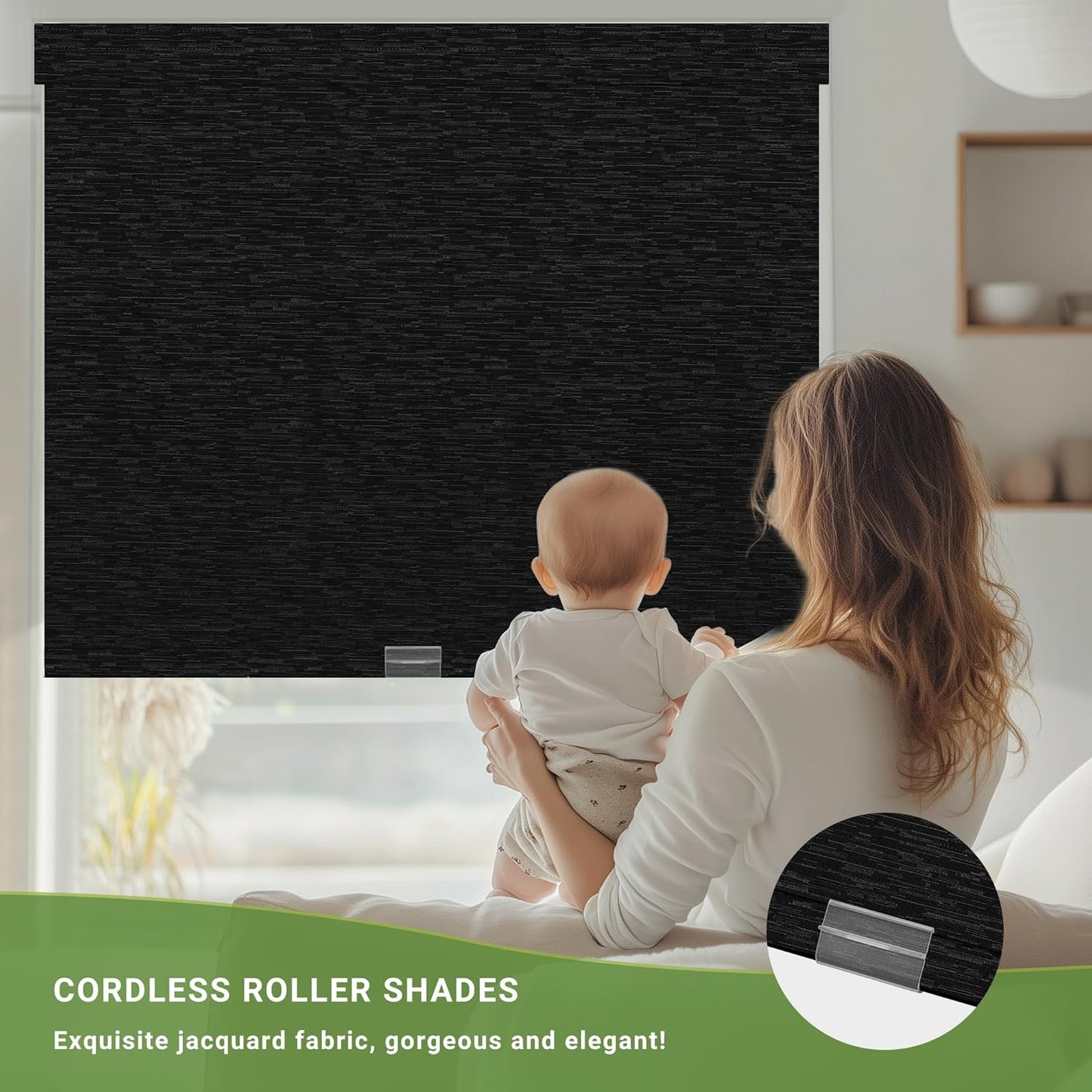 Blackout Roller Shades for Indoor Windows, Cordless Jacquard Fabric-Matched Roller Blinds, Easy to Install Privacy UV Protection Roll Up Blinds for Home Office, Black, Custom Size