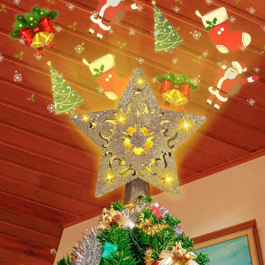 Christmas Tree Topper Lighted with Snowflake Projector, LED Rotating 3D Glitter Tree Topper for Christmas Tree, Christmas Decorations Lights (Golden Star Tree Toppers)