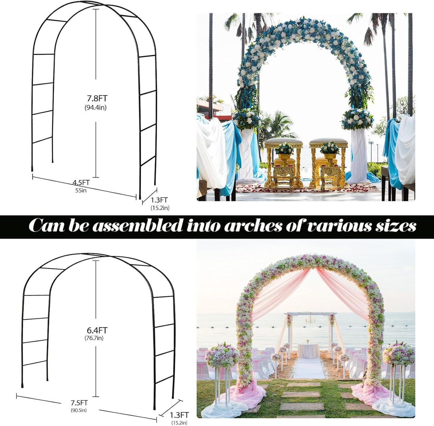 Thickened Rustproof Garden Arch, Wedding Arch- 4.6 * 7.8 or 6.4 * 7.5Ft, Easy to Assemble, Long Lasting and Durable, Metal Arch for Garden Arbor Trellis & Climbing Plant