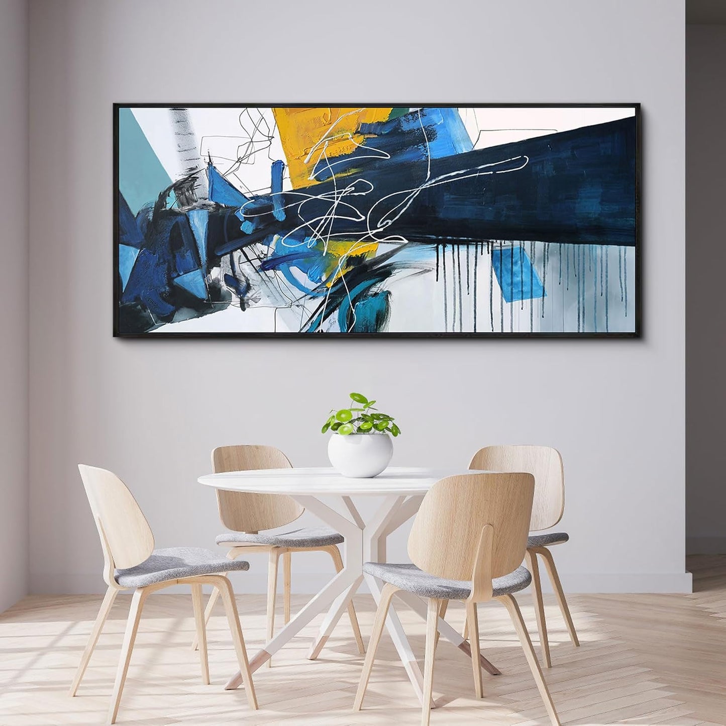 KLAKLA Extra Large Wall Art for Living Room - Blue and white Canvas Framed Wall Decor Living Room Abstract Picture Artwork for Office Bedroom Decorative Paintings