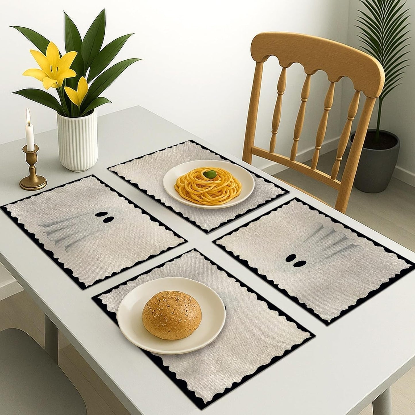 Halloween Ghost Placemats, 4Pcs Black&White Washable Heat Resistant 12×18 Inch Table Mats Cute Place Mats for Party Outdoor Decoration Kitchen Dining Décor