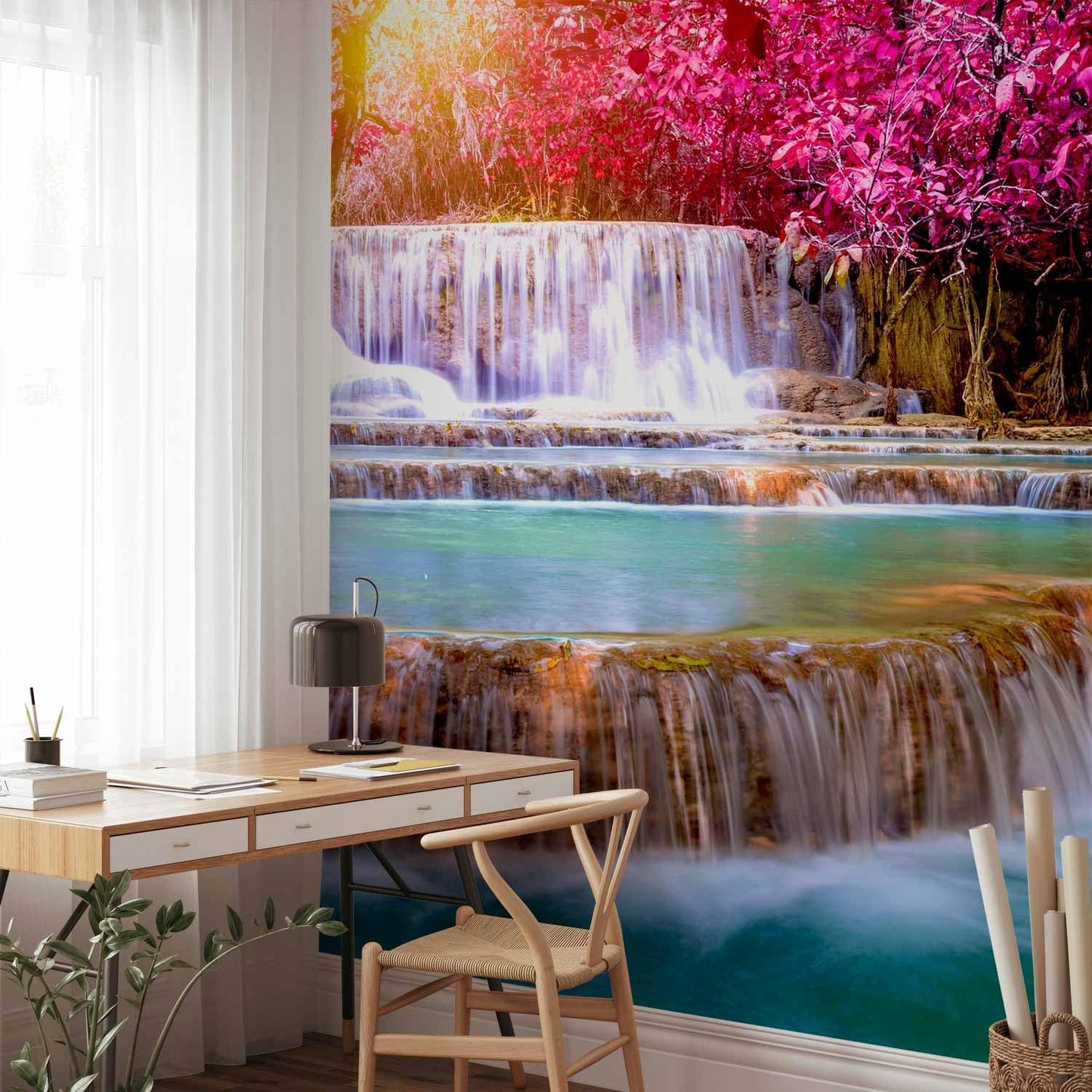 artgeist Wall Mural Peel and Stick Waterfall 212x98 in - XXL Self-Adhesive Corner Wallpaper Removable Large Sticker Foil Angle Wallpaper Wall Decor Print Nature Sun Pink Tree Forest c-B-0474-a-a